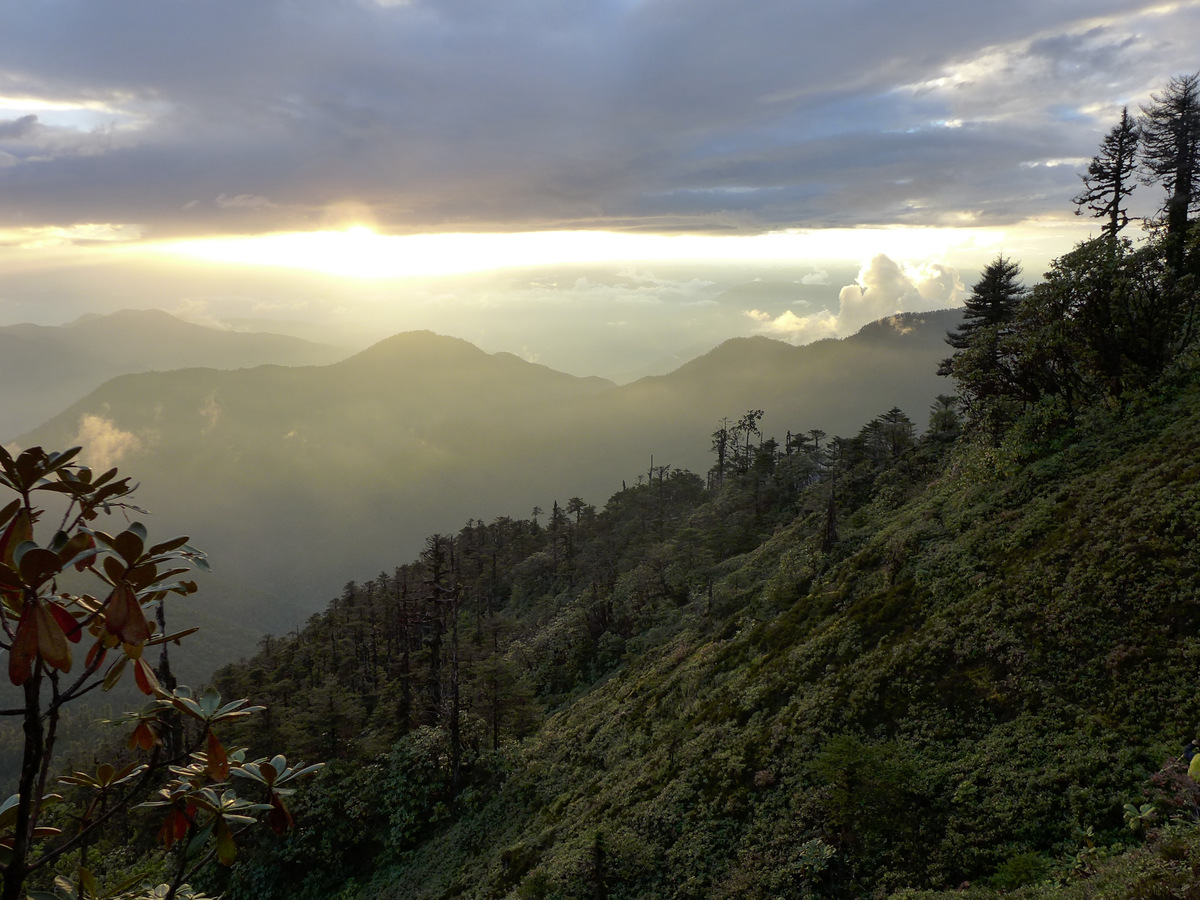 Sunset over forested ridges of the Yangsang valley