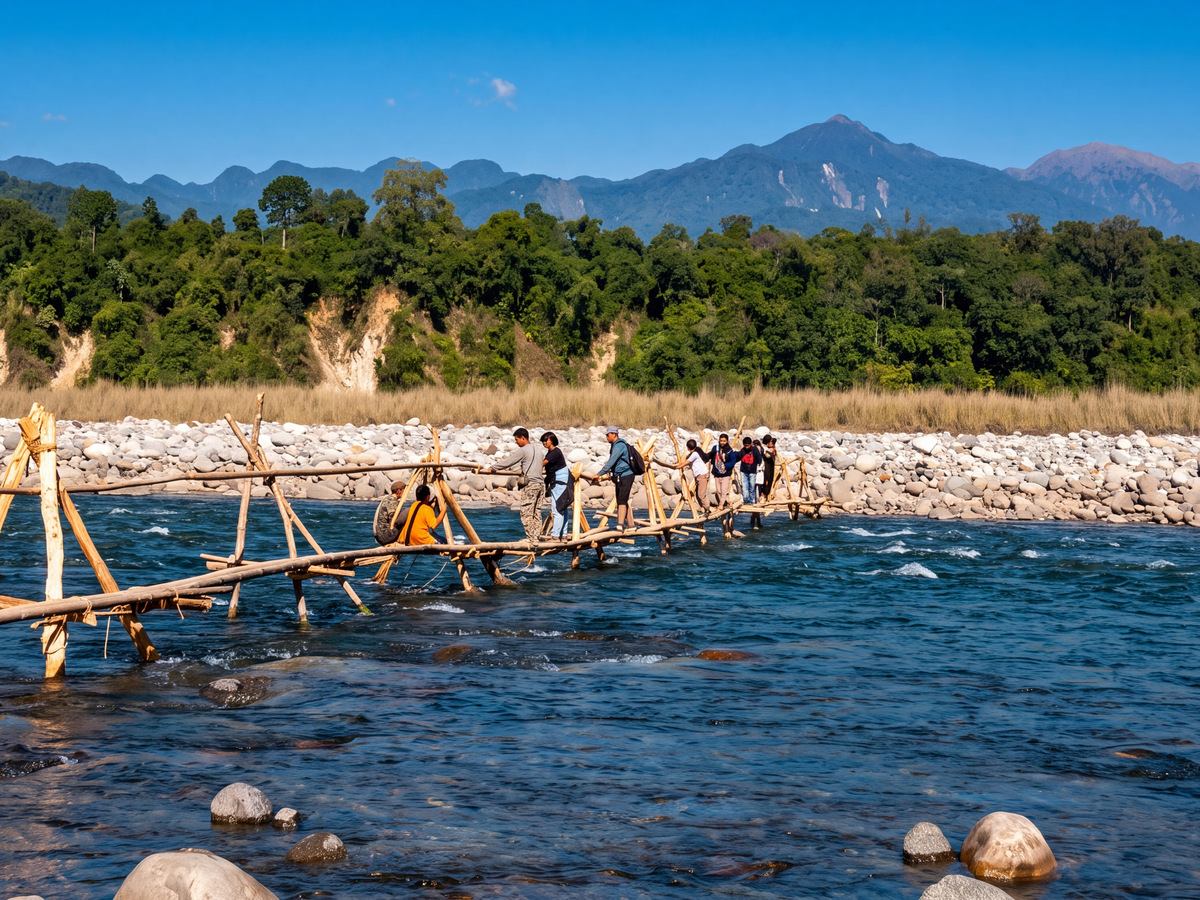 Trekkers crossing a bamboo bridge over a clear mountain river