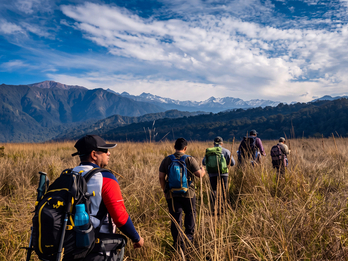 Trekkers walking single file through tall grass toward the mountains