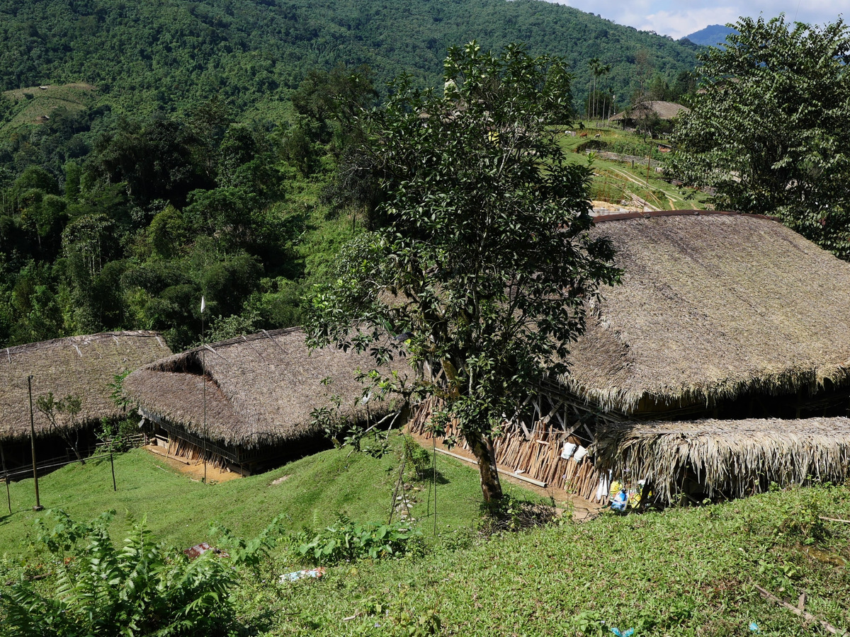 Long thatched houses in a green hill village