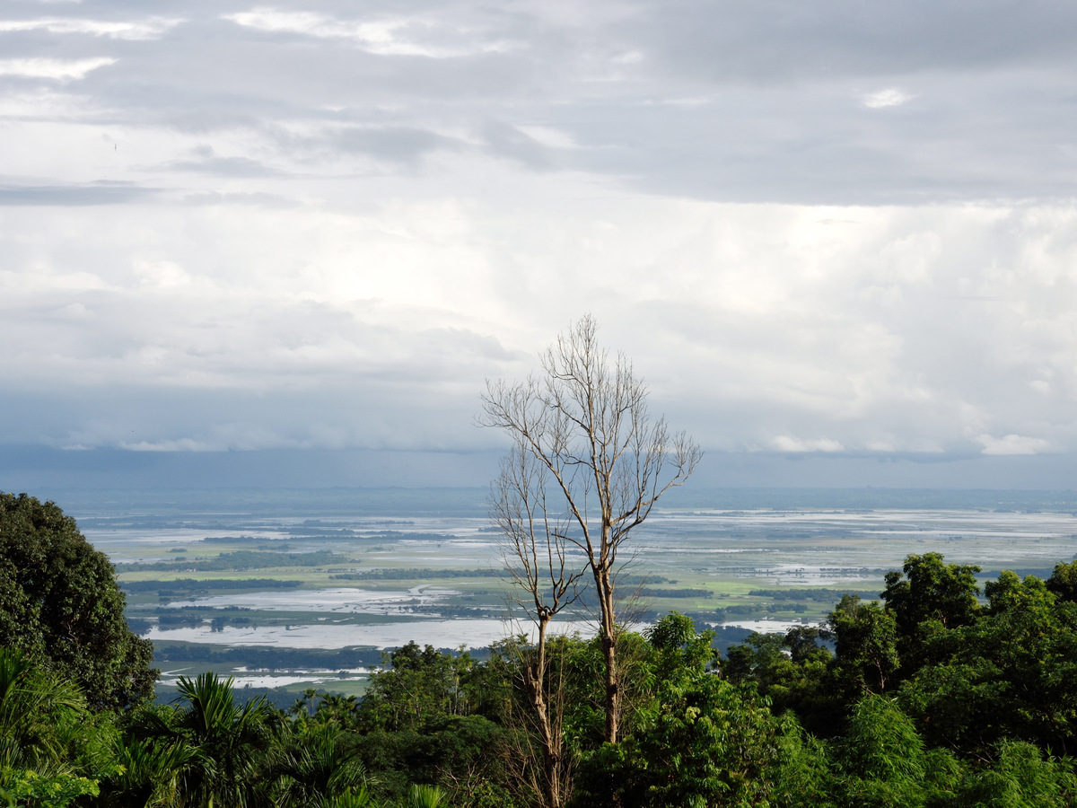 The flooded plains of Bangladesh seen from the edge of the Khasi Hills